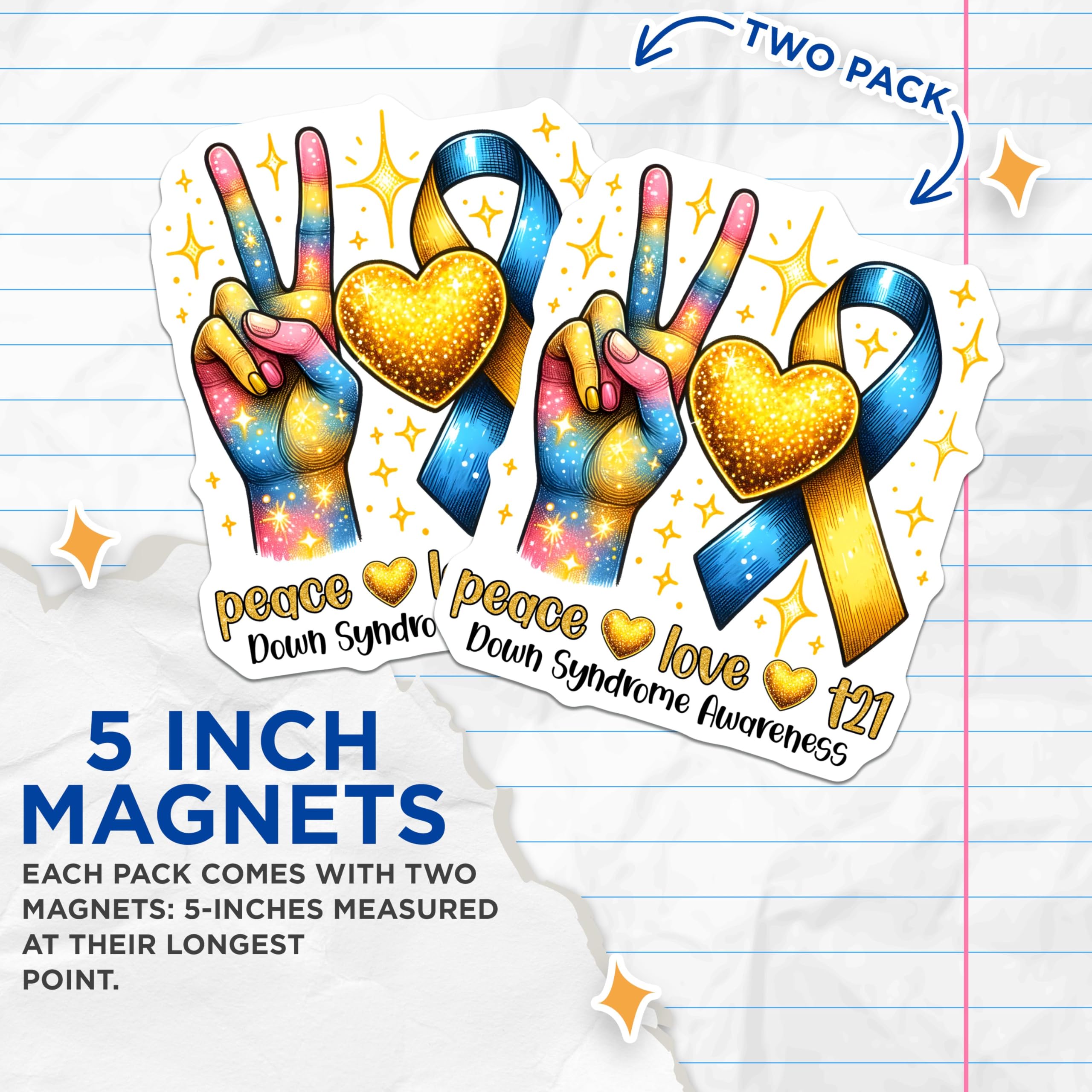 (2 Pack) Down Syndrome Awareness Magnets - Peace Love T21-5" On Longest Side - for Cars, Fridges, Toolboxes - Made in USA - MAG8198