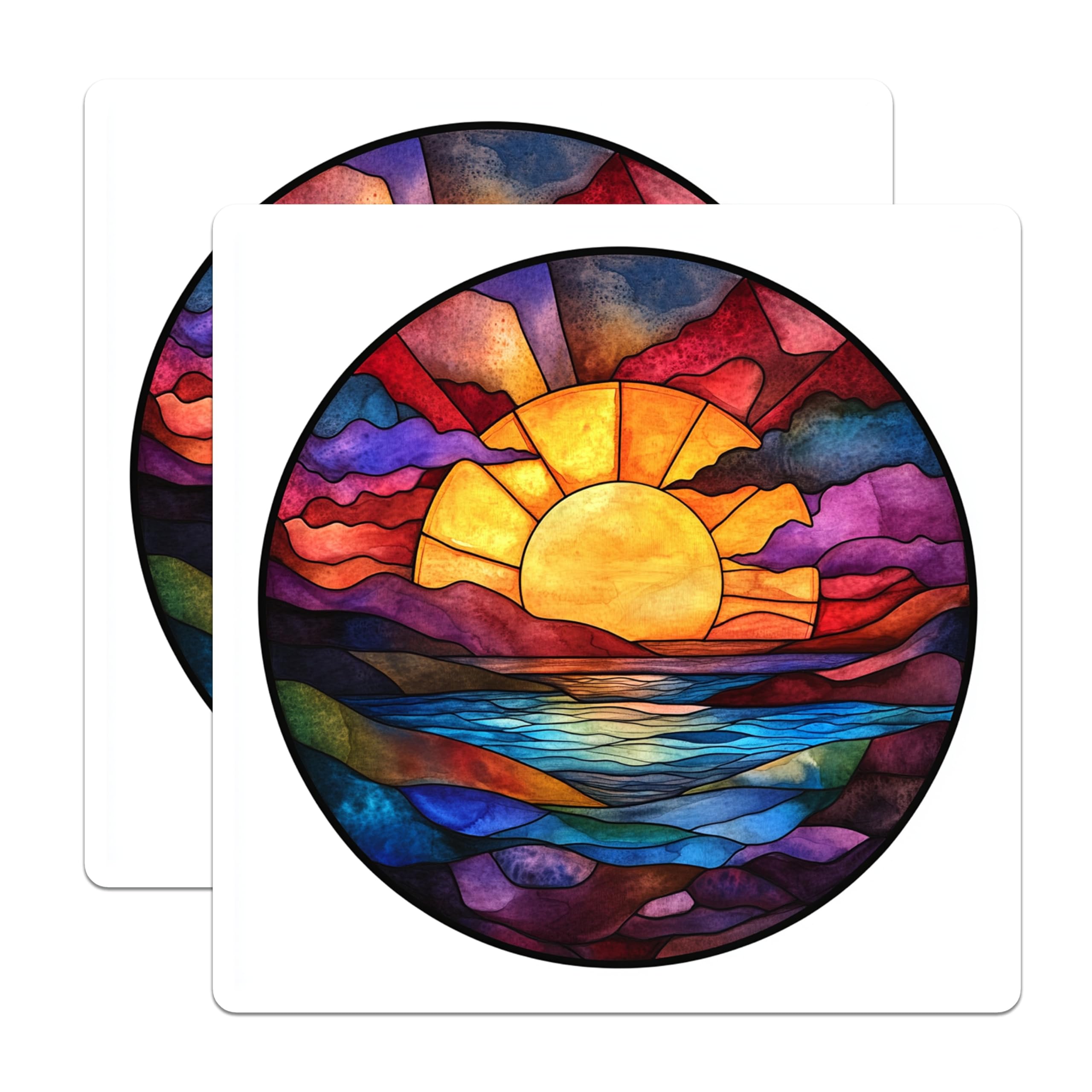 (2 Pack) Stained Glass Sunset Magnets - Sunrise Scene - Nature Inspired Decor - 5 Inches On Longest Side - Thick Durable Magnet - Made in USA - MAG26684