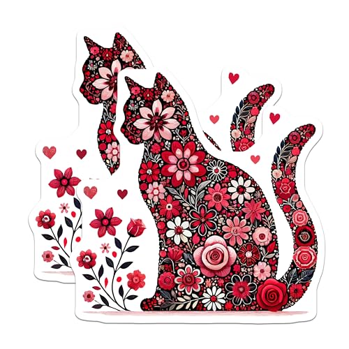 (2 Pack) Cat Flower Stickers - Floral Animal Art Decals - Cute Kitty Design Stickers - 5" On Longest Side - Sticks to Smooth Flat Surfaces - Made in USA - BMCS5735