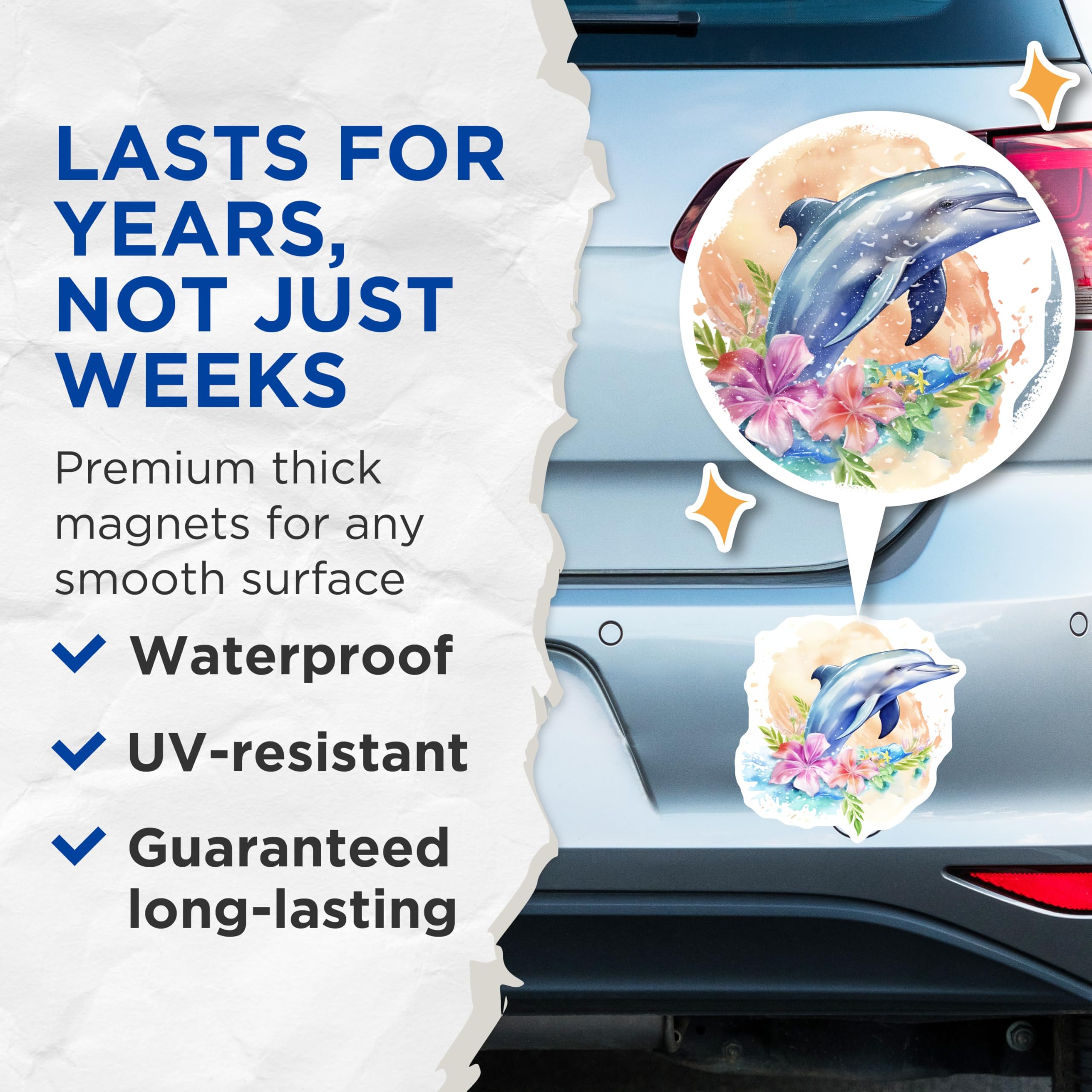 (2 Pack) Leaping Dolphin Magnets - Vibrant Watercolor Ocean Art - Tropical Flower Aesthetic - Marine Life Decor Fridge Locker - 5 Inches On Longest Side - Thick Durable Magnet - Made in USA - MAG23143
