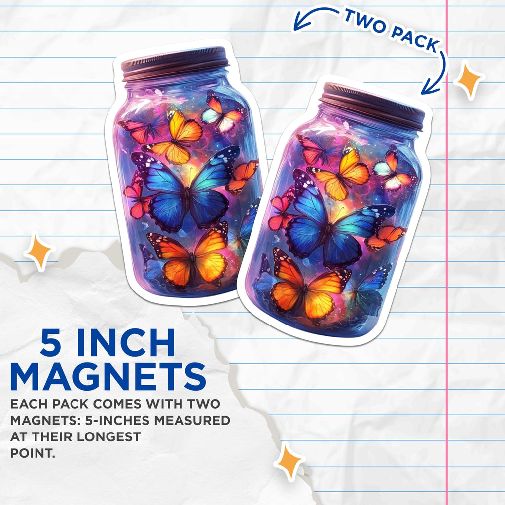 (2 Pack) Butterfly Jar Magnets - Celestial Galaxy Art - Whimsical Fridge Decor - Magical Nature Lover Accent - 5 Inches On Longest Side - Thick Durable Magnet - Made in USA - MAG27466