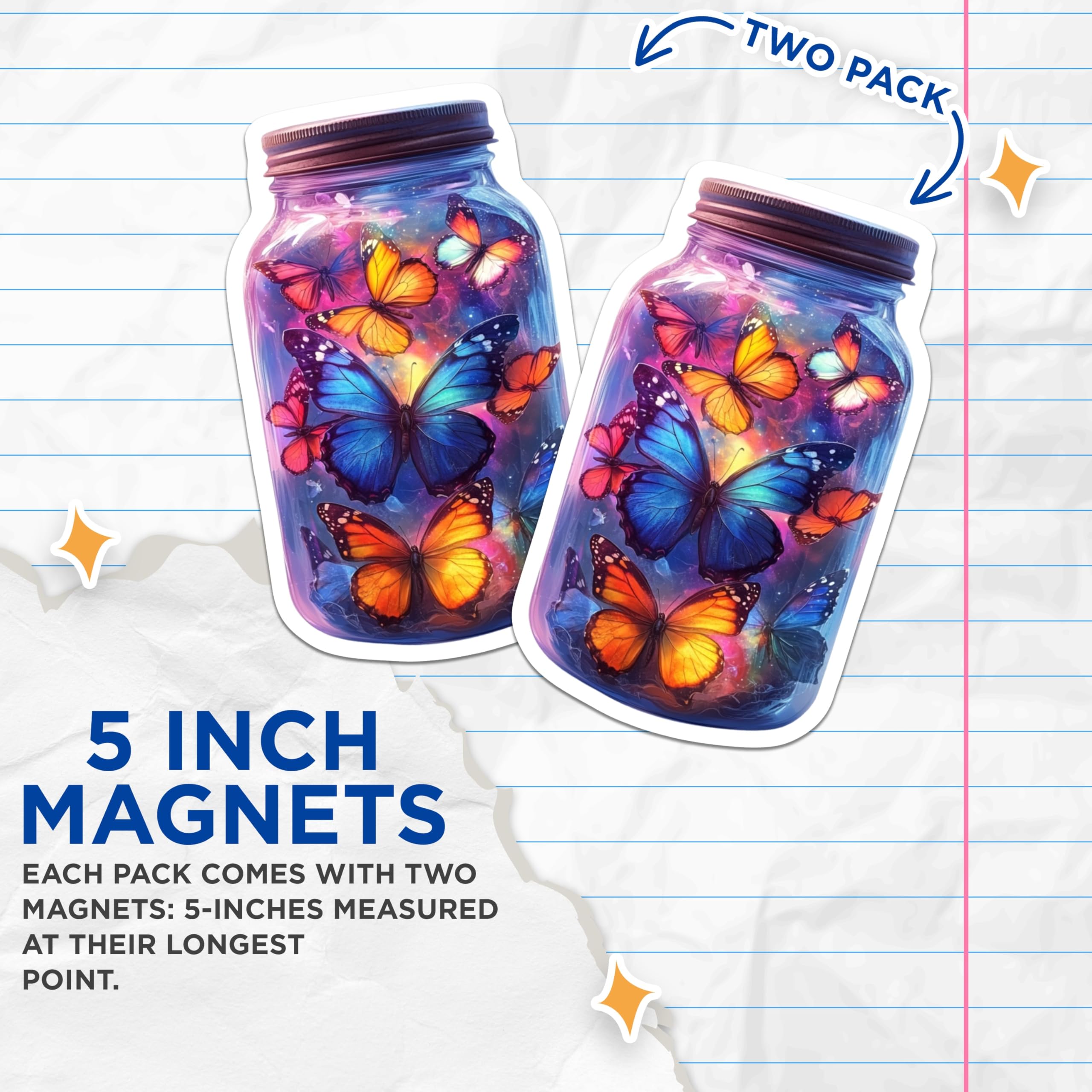 (2 Pack) Butterfly Jar Magnets - Celestial Galaxy Art - Whimsical Fridge Decor - Magical Nature Lover Accent - 5 Inches On Longest Side - Thick Durable Magnet - Made in USA - MAG27466
