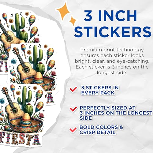 (3 Pack) Fiesta Decals - Mexican Party - Laptop Decal - 3 Inches On Longest Side - Easy Peel & Apply - Made in USA - 3MCS6983