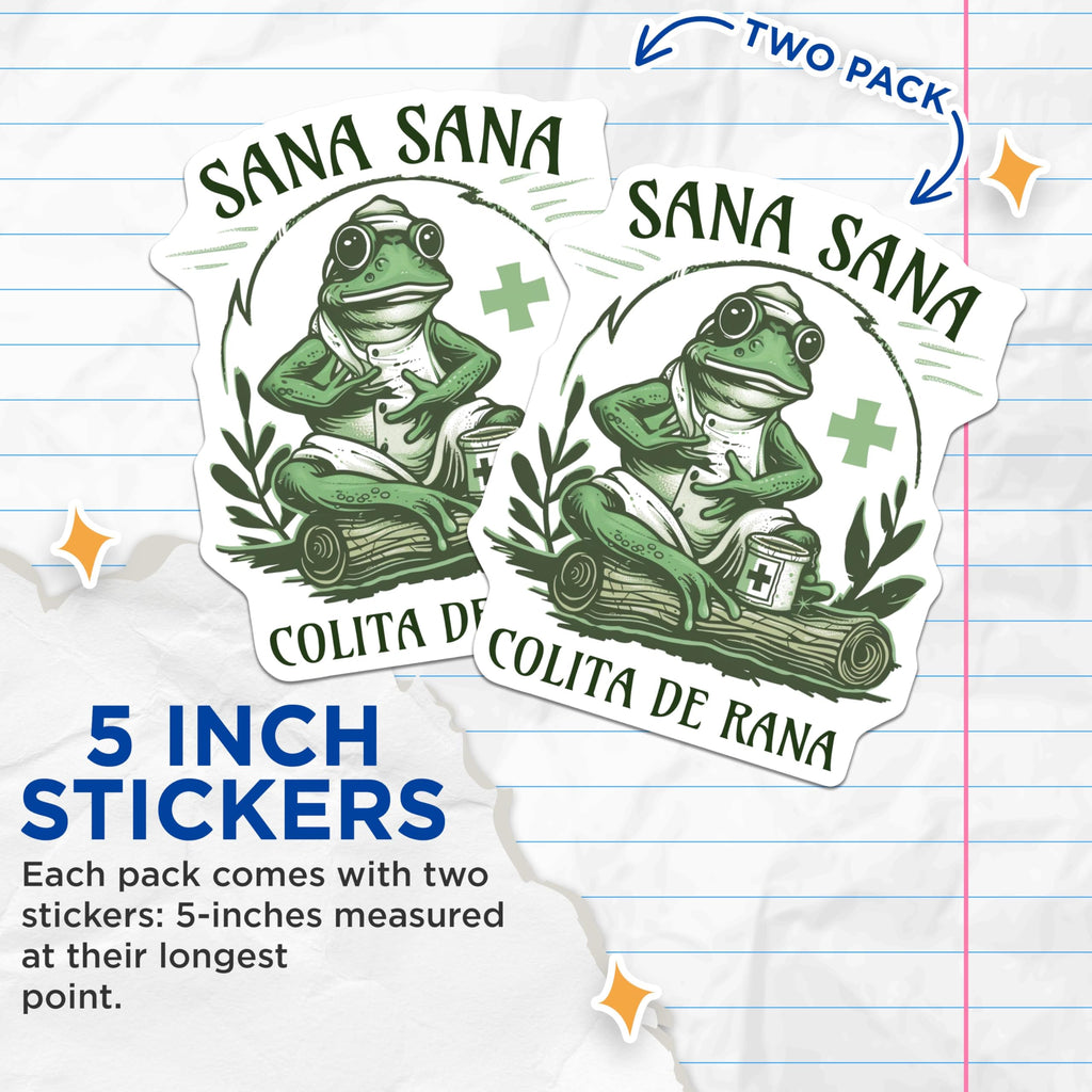 (2 Pack) Sana Sana Frog Stickers - Cute Cartoon Frog - Medicinal Herb Magic Frog - 5" On Longest Side - Sticks to Smooth Flat Surfaces - Made in USA - BMCS4886