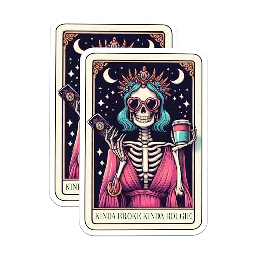 (2 Pack) Kinda Broke Kinda Bougie Stickers - Funny Skeleton Stickers - Birthday Sticker for Friends - 5" On Longest Side - Sticks to Smooth Flat Surfaces - Made in USA - BMCS5128
