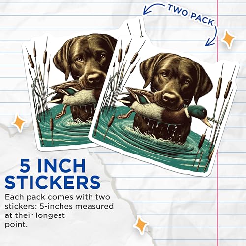 (2 Pack) Labrador Retriever Hunting Duck Stickers - Outdoor Adventure Decals - Waterfowl Hunting Art - 5" On Longest Side - Sticks to Smooth Flat Surfaces - Made in USA - BMCS8660
