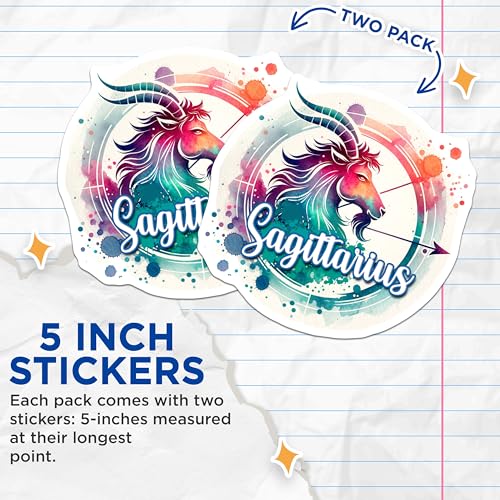 (2 Pack) Sagittarius Astrology Stickers - Zodiac Sign Art - Horoscope Enthusiast Decor - 5" On Longest Side - Sticks to Smooth Flat Surfaces - Made in USA - BMCS6921