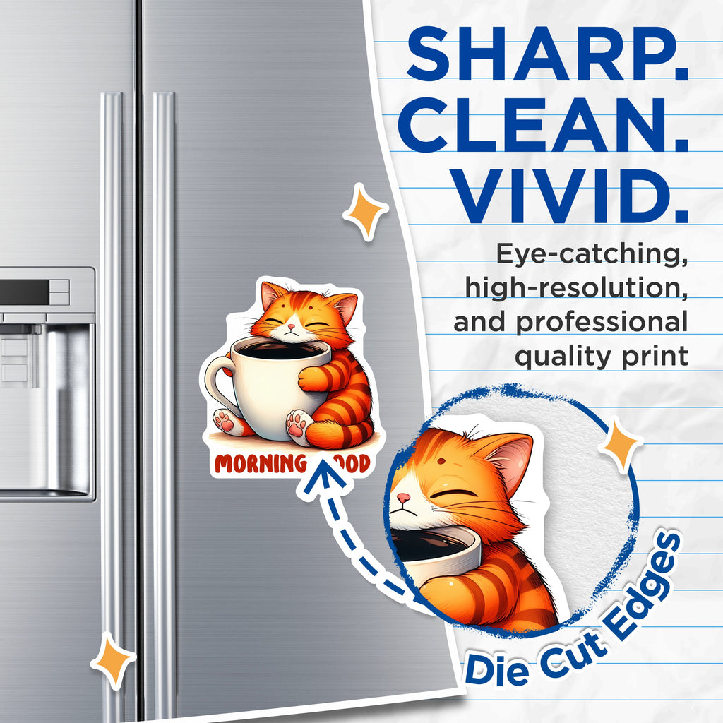 (2 Pack) Cute Cat Coffee Magnets - Morning Mood - Sleepy Kitty Fridge Decor - 5" - Durable Magnet - Made in USA - MAG38573