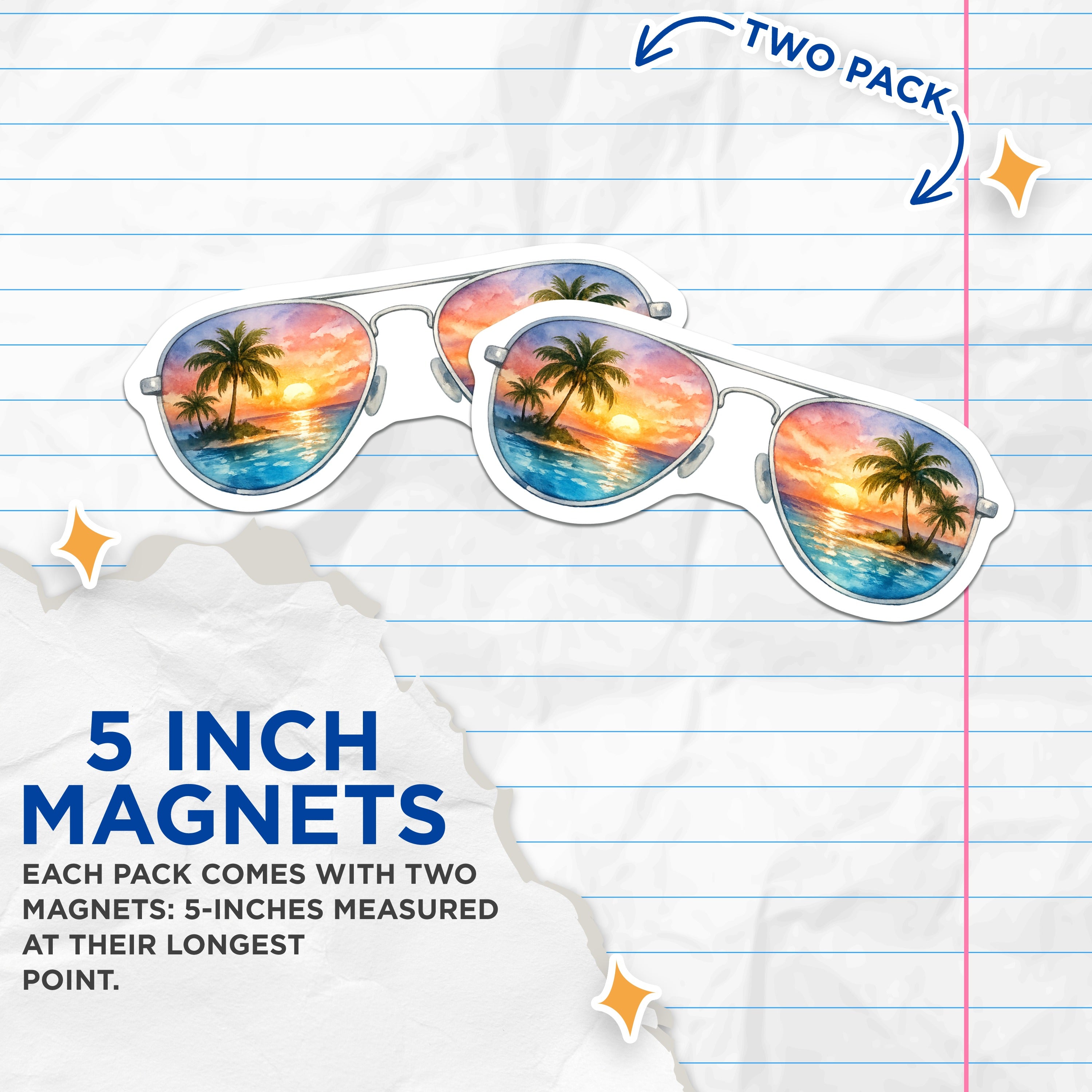 (2 Pack) Tropical Sunset Magnets - Beach Vacation Decor - Aviator Sunglasses Art - Summer Travel Aesthetic - Island Ocean Scene - 5" - Durable Magnet - Made in USA - MAG37085