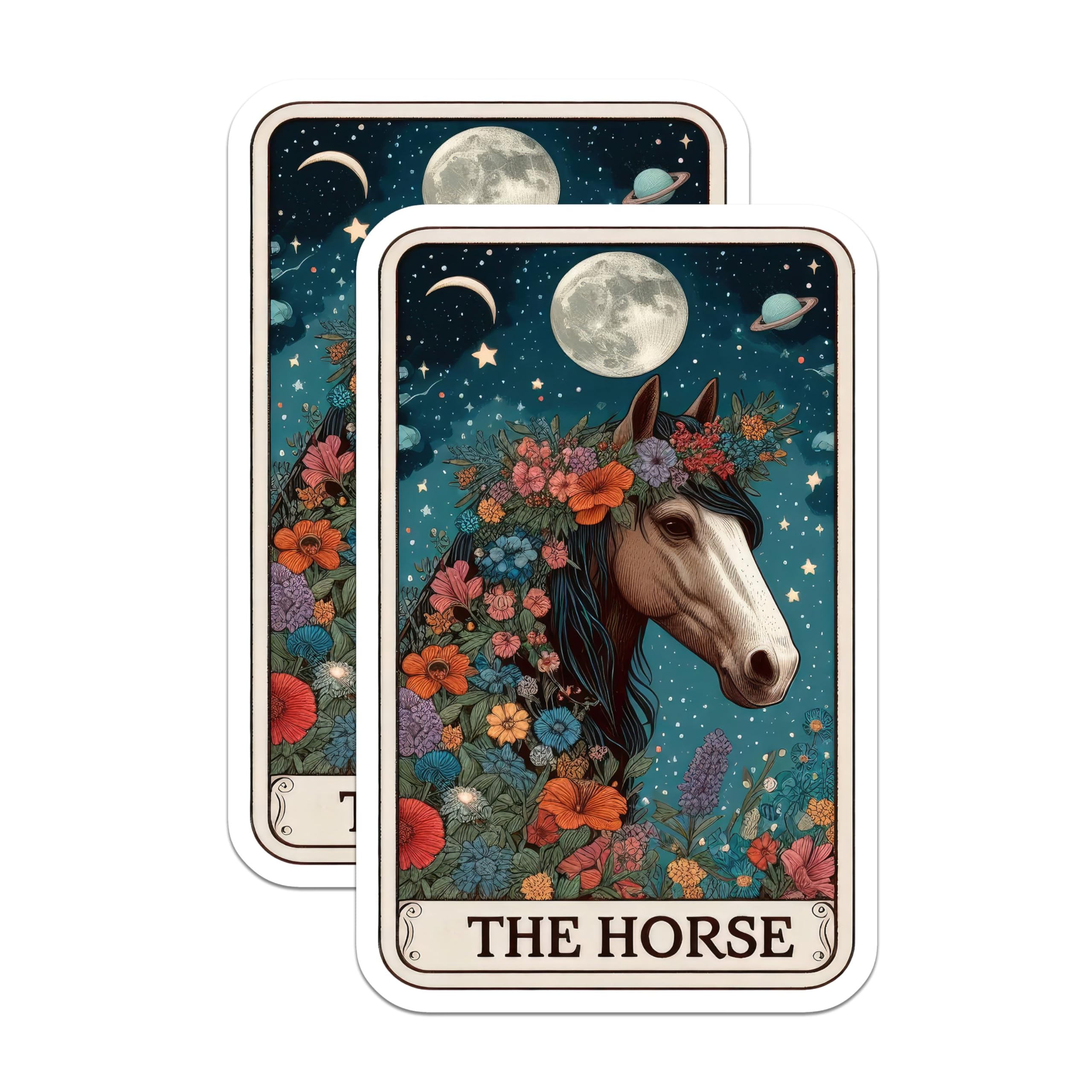 (2 Pack) Horse Illustration Stickers - Cosmic Floral Horse Stickers - Fantasy Animal Stickers - Equine Art Stickers - 5" On Longest Side - Sticks to Smooth Flat Surfaces - Made in USA - BMCS5436