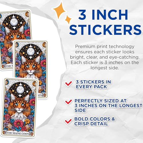 (3 Pack) Maine Coon Decals - Cat Tarot Card Stickers - Floral Cat Laptop Decals - 3 Inches On Longest Side - Easy Peel & Apply - Made in USA - 3MCS0112