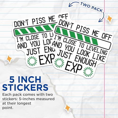 (2 Pack) Don't Piss Me Off Stickers - Leveling Up - Gaming Warning Sticker - 5" On Longest Side - Sticks to Smooth Flat Surfaces - Made in USA - BMCS8666