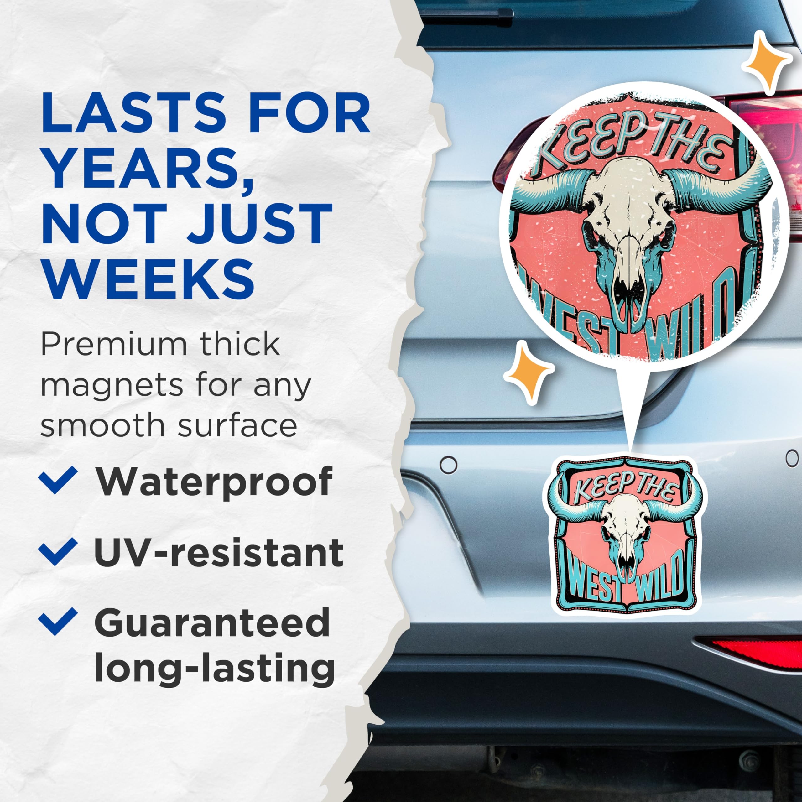 (2 Pack) Western Bull Skull Magnets - Keep The West Wild Decor - Longhorn Southwestern Kitchen Magnet - 5 Inches On Longest Side - Thick Durable Magnet - Made in USA - MAG21060