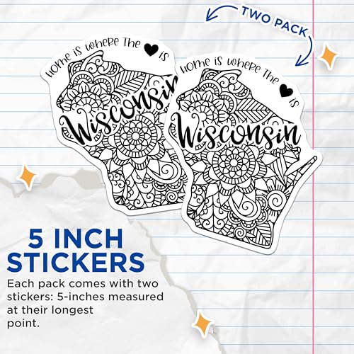 (2 Pack) Wisconsin State Mandala Stickers - Home is Where The Heart is - Detailed Black and White Art - 5" On Longest Side - Sticks to Smooth Flat Surfaces - Made in USA - BMCS9100