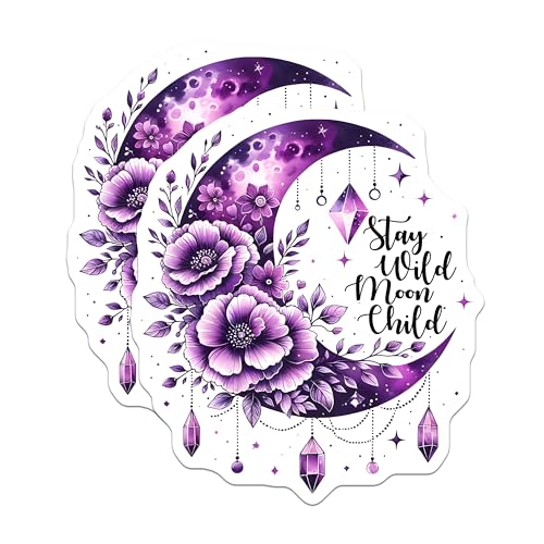 (2 Pack) Stay Wild Moon Child Stickers - Purple Flower - Crescent Moon - Boho Aesthetic - 5" On Longest Side - Sticks to Smooth Flat Surfaces - Made in USA - BMCS8068