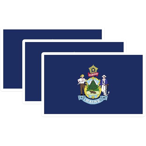 (3 Pack) Maine State Flag Decals - Dirigo Motto - Maine Coat of Arms - 3 Inches On Longest Side - Easy Peel & Apply - Made in USA - 3MCS0191