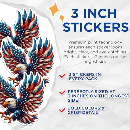 (3 Pack) American Eagle Decals - Patriotic Laptop Stickers - USA Pride Decor - 3 Inches On Longest Side - Easy Peel & Apply - Made in USA - 3MCS0989