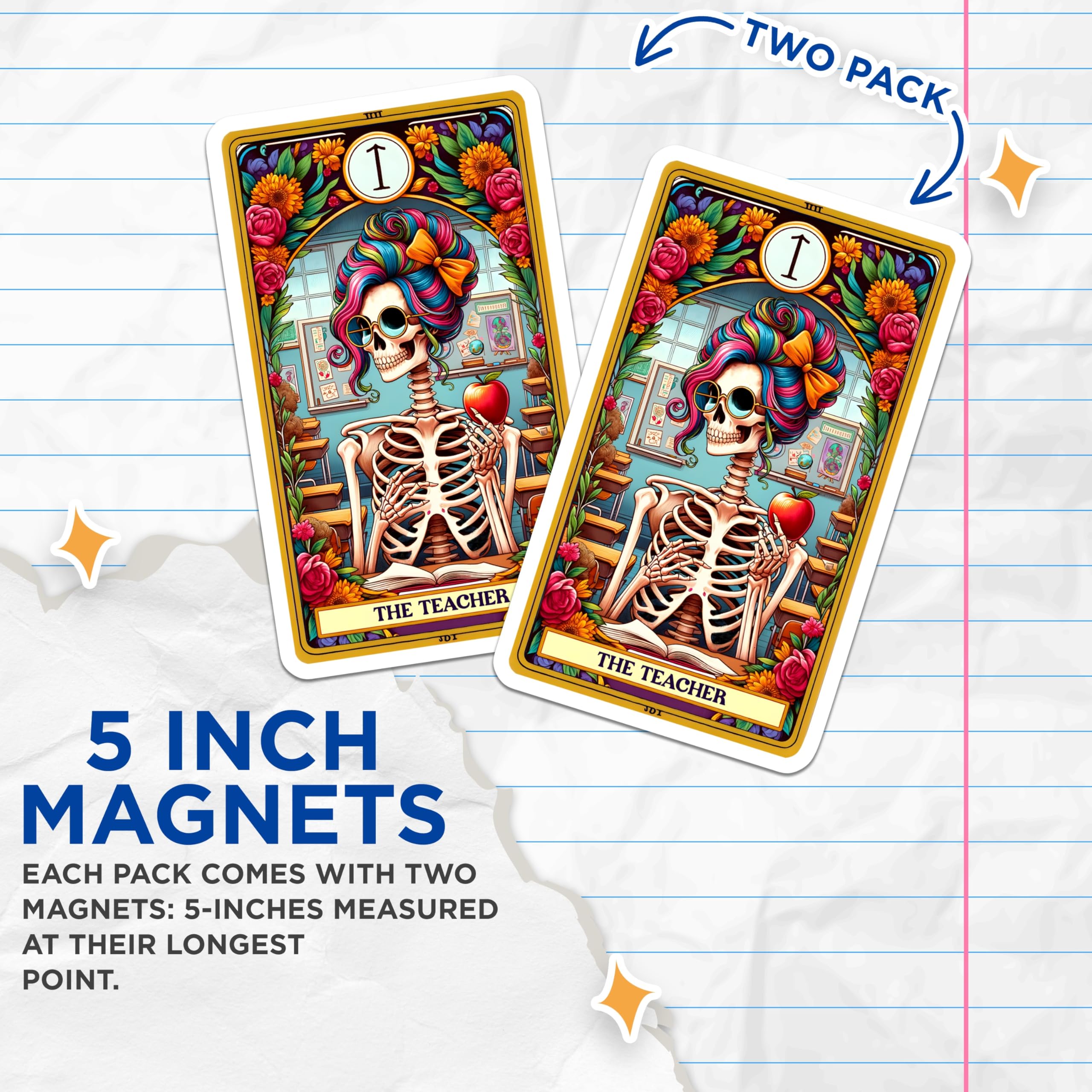 (2 Pack) Skeleton Teacher Magnets - Rainbow Hair Classroom Decor - Educator Appreciation Item - 5 Inches On Longest Side - Thick Durable Magnet - Made in USA - MAG28864