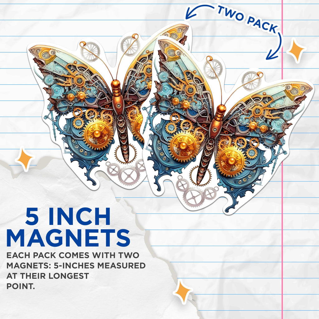 (2 Packs) Steampunk Butterfly Magnets - Aesthetic Gothic Steampunk Magnets - 5 Inches On Longest Side - Premium Magnet - for Fridges, Toolboxes, Cars - Made in USA - MAG2330