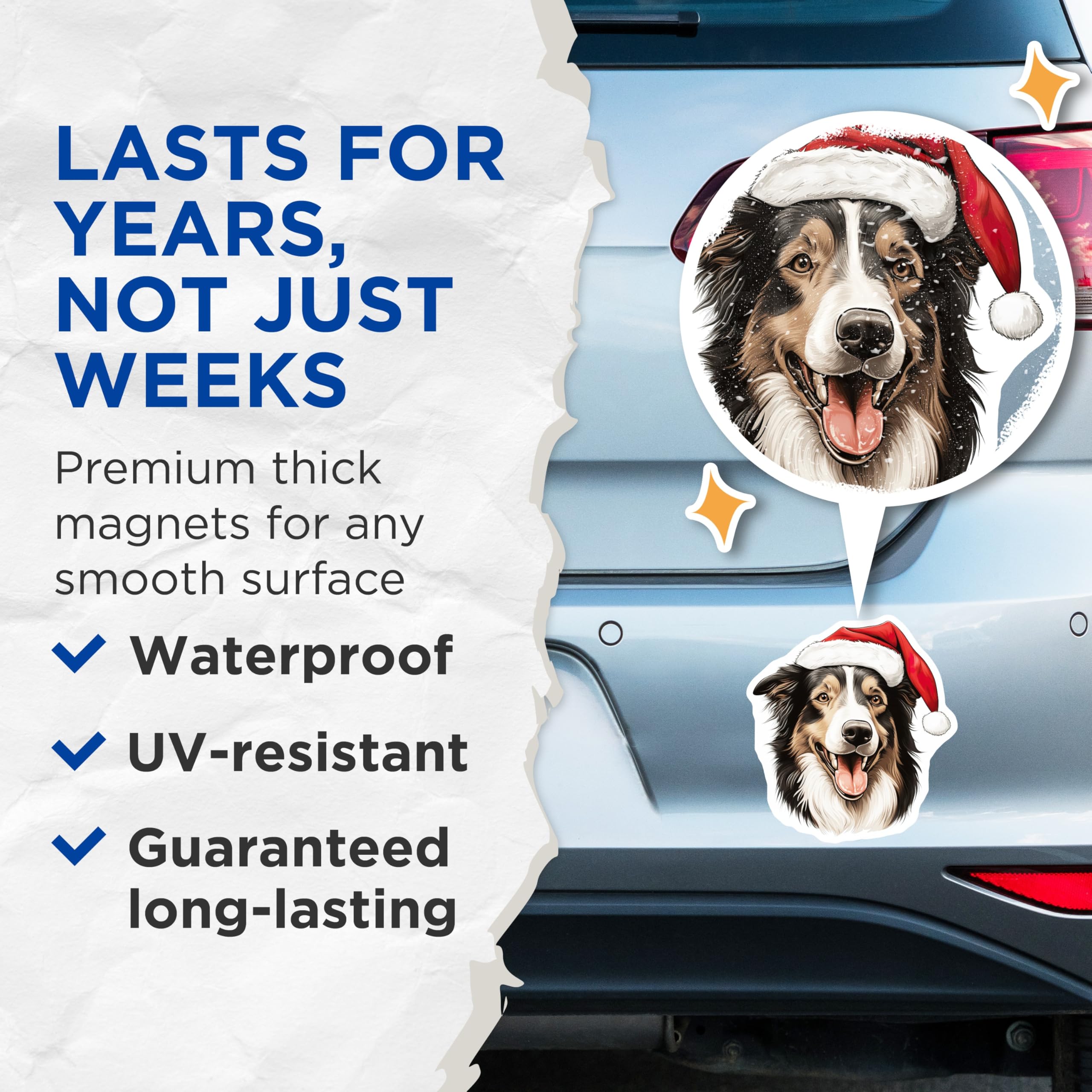 (2 Pack) Australian Shepherd Magnets - Santa Hat Dog Decor - Christmas Holiday Pet Fridge Accent - 5 Inches On Longest Side - Thick Durable Magnet - Made in USA - MAG28315