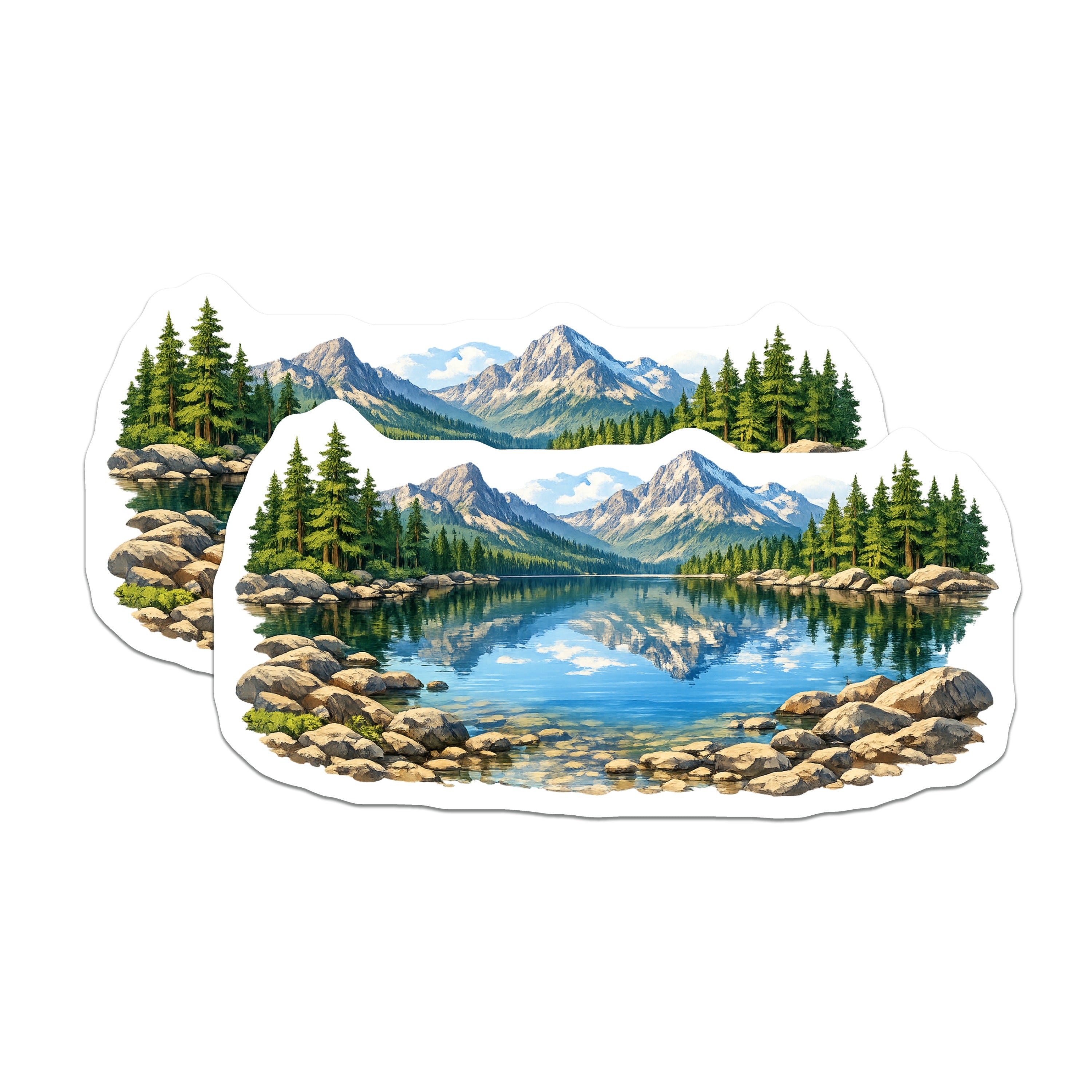 (2 Pack) Scenic Mountain Lake Magnets - Nature Landscape Art - Wilderness Decor - Peaceful View - 5 Inches On Longest Side - Thick Durable Magnet - Made in USA - MAG39192