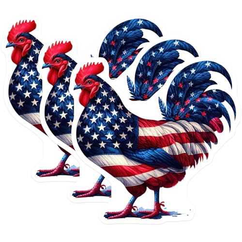 (3 Pack) American Flag Rooster Decals - Patriotic Chicken Stickers - USA Pride Decal- 3 Inches On Longest Side - Easy Peel & Apply - Made in USA - 3MCS5944