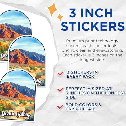 (3 Pack) Death Valley Decals - National Park Stickers - Desert Landscape Decal - 3 Inches On Longest Side - Easy Peel & Apply - Made in USA - 3MCS0446