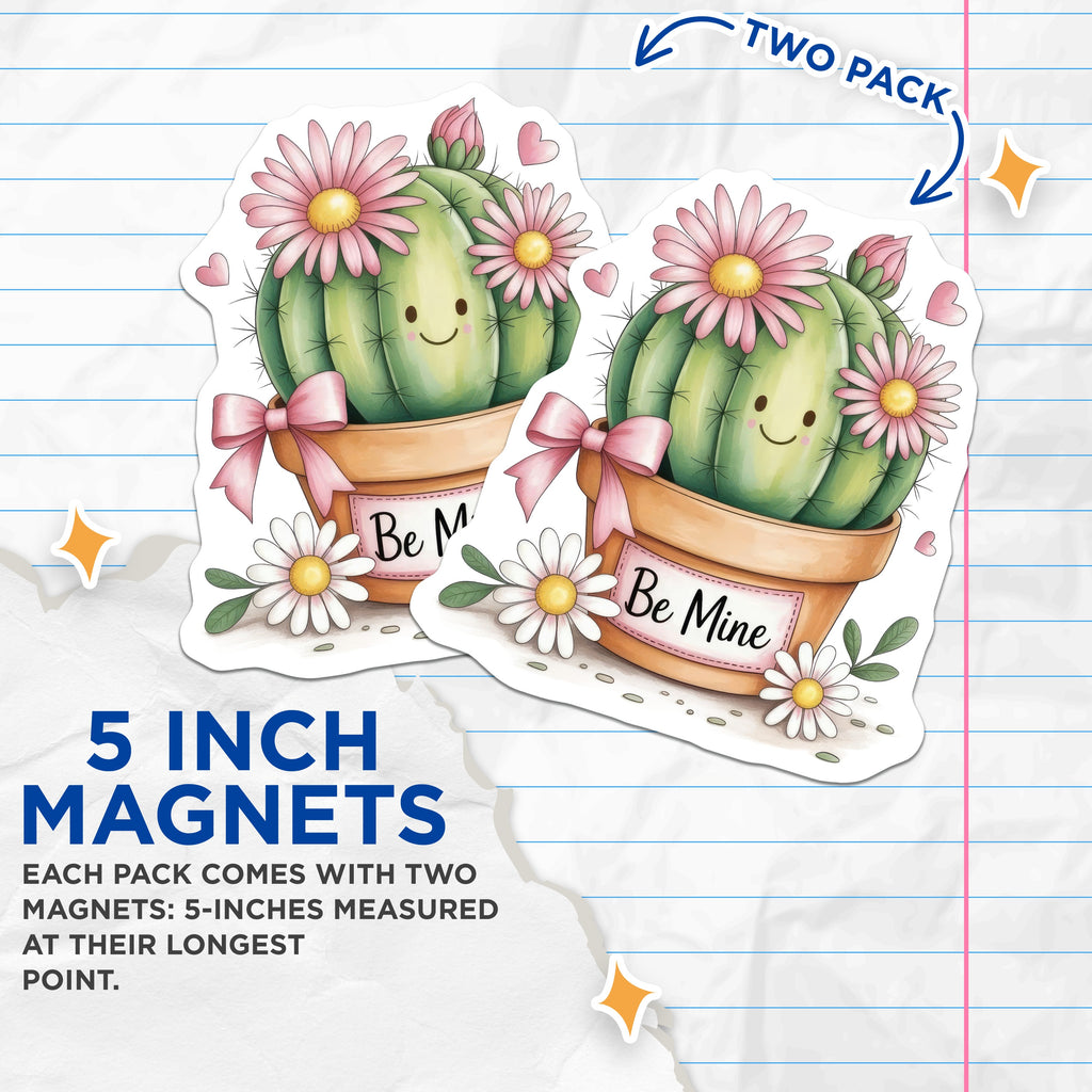 (2 Pack) Kawaii Cactus Magnets - Be Mine Valentine Decor - Cute Succulent Plant Lover Item - 5 Inches On Longest Side - Thick Durable Magnet - Made in USA - MAG37973