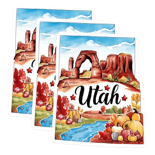 (3 Pack) Utah State Decals - Arches National Park - Autumn Landscape- 3 Inches On Longest Side - Easy Peel & Apply - Made in USA - 3MCS5073