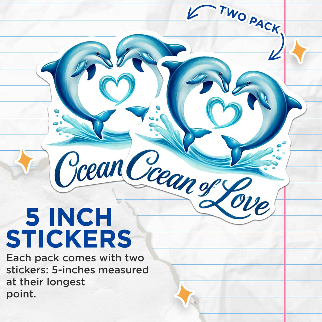 (2 Pack) Dolphin Love Stickers - Ocean of Love Decals - Heart Flippers Vinyl Sticker - 5" On Longest Side - Sticks to Smooth Flat Surfaces - Made in USA - BMCS6073