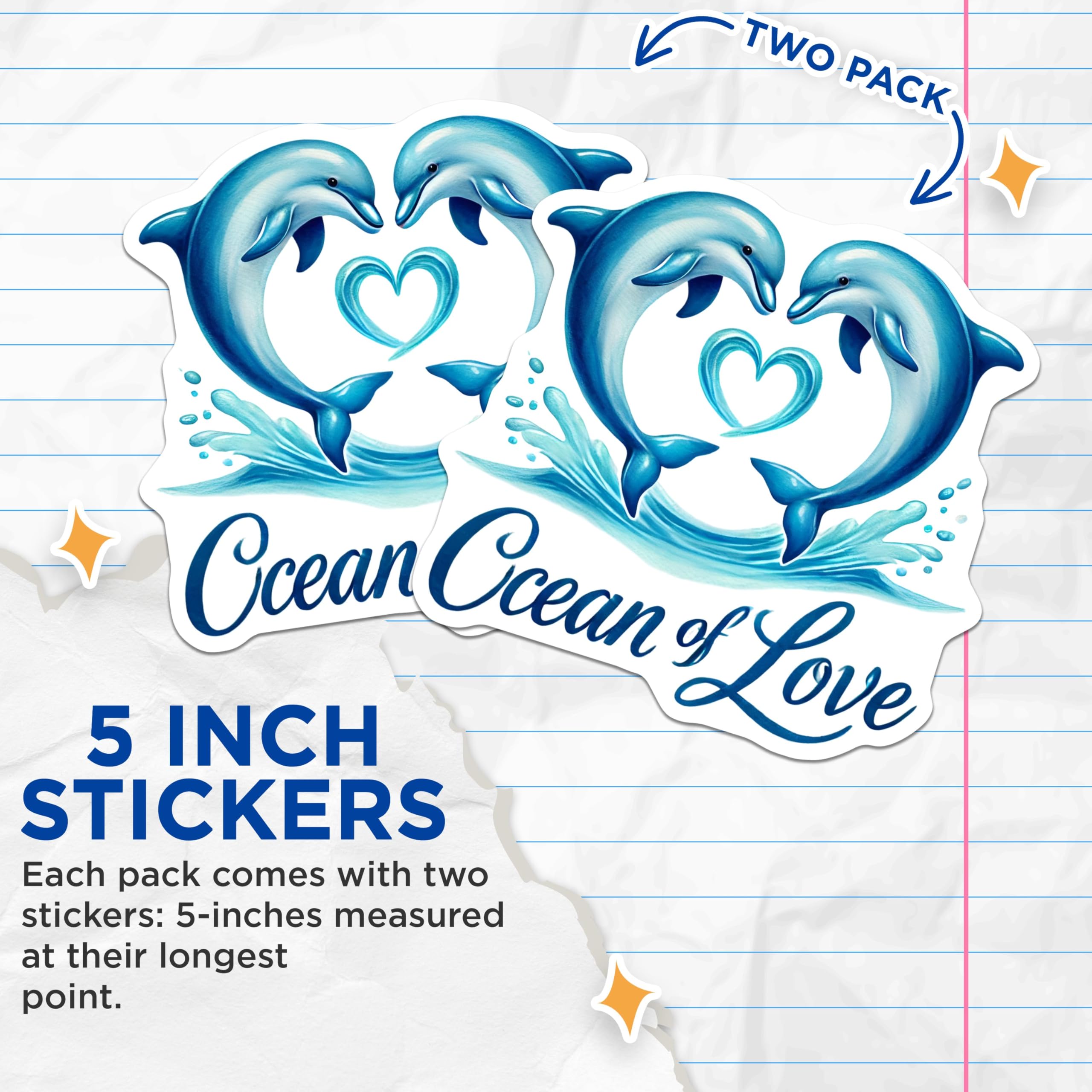 (2 Pack) Dolphin Love Stickers - Ocean of Love Decals - Heart Flippers Vinyl Sticker - 5" On Longest Side - Sticks to Smooth Flat Surfaces - Made in USA - BMCS6073