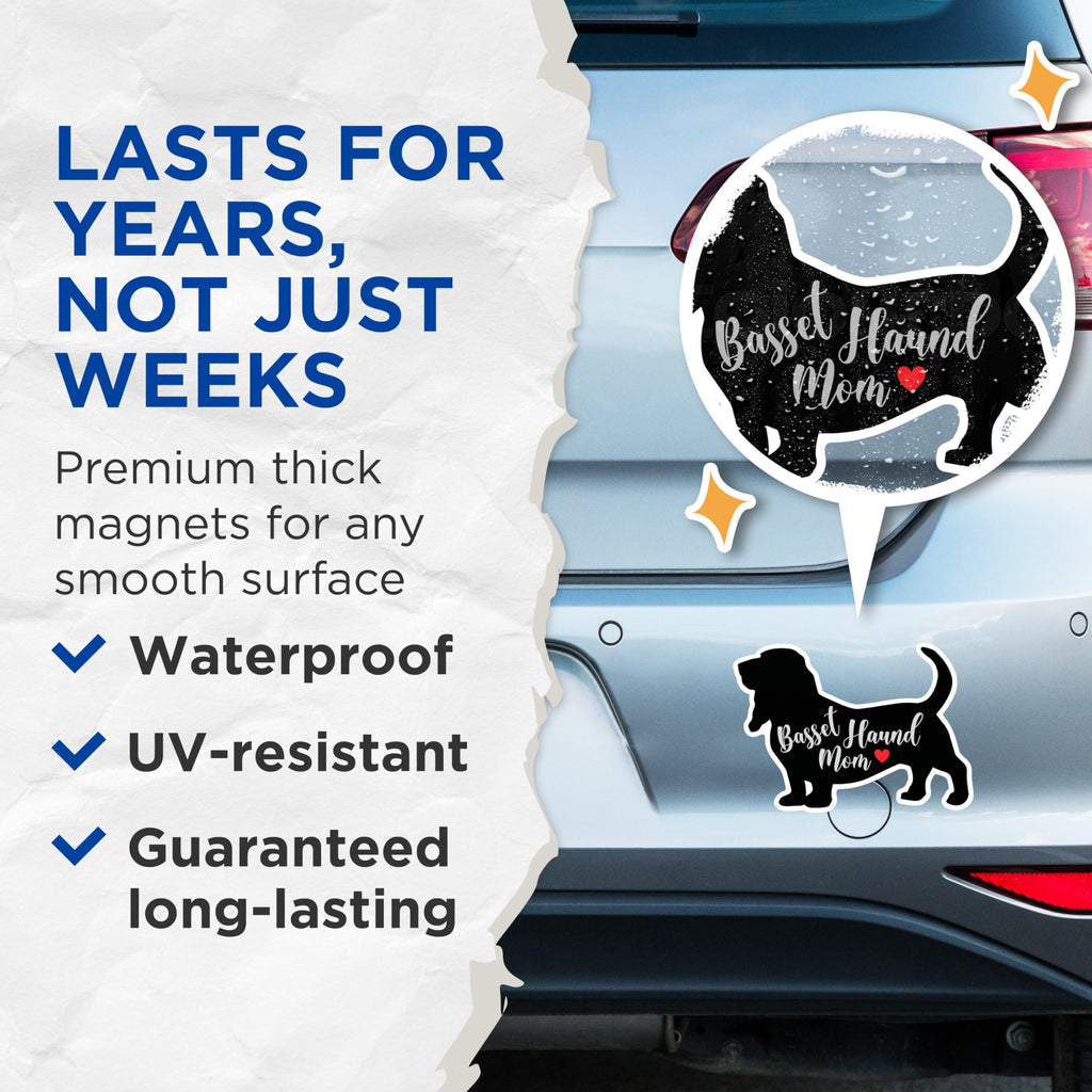 (2 Packs) Basset Hound Mom Magnets - Basset Hound Mom Dog Breed Magnets - 5 Inches On Longest Side - Premium Magnet - for Fridges, Toolboxes, Cars - Made in USA - MAG2453