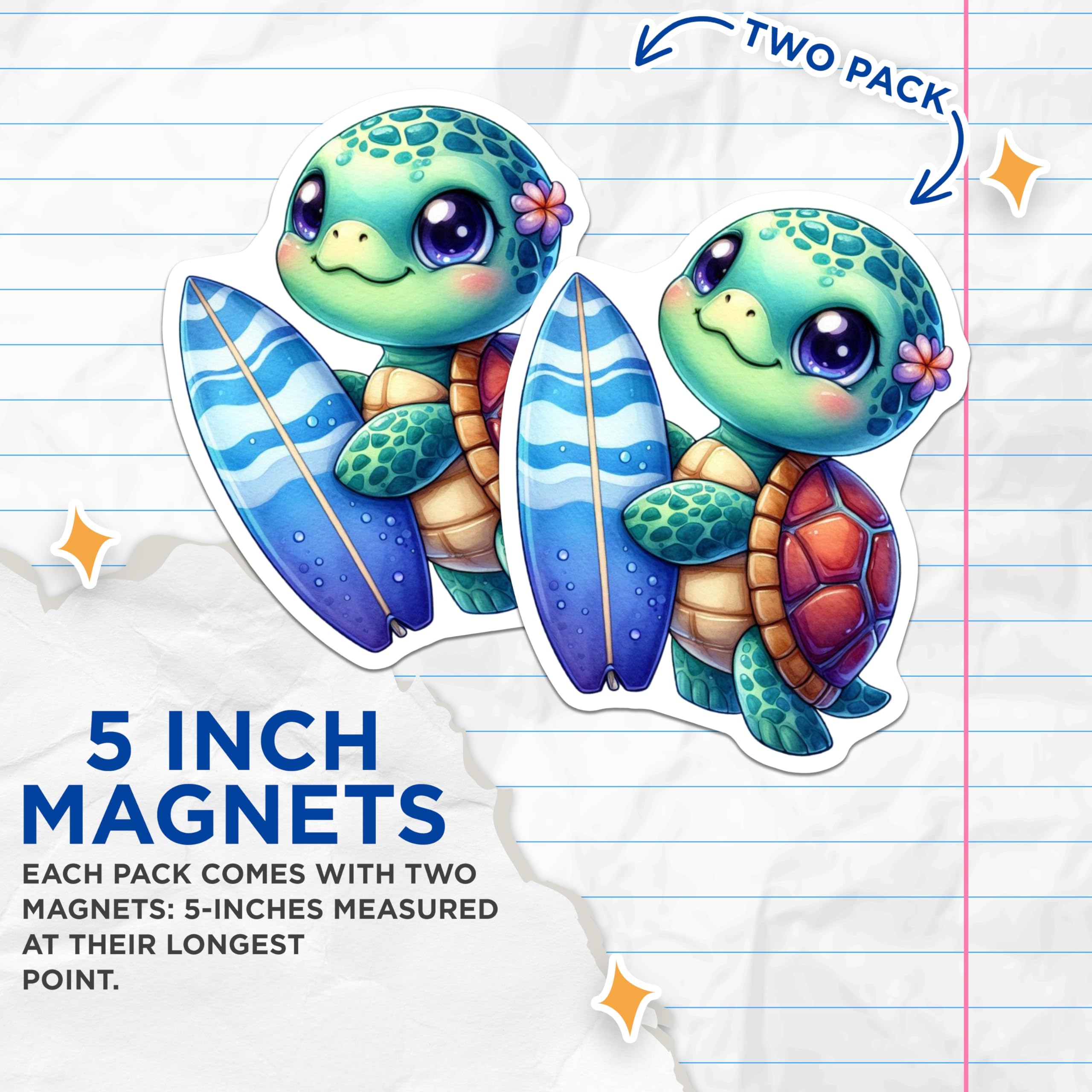 (2 Pack) Cute Sea Turtle Magnets - Adorable Baby Surfer Turtle - Tropical Ocean Beach Fridge Locker Decor - 5 Inches On Longest Side - Thick Durable Magnet - Made in USA - MAG21606