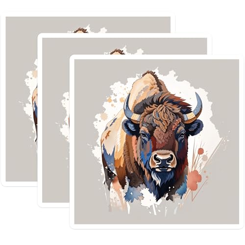 (3 Pack) Bison Decals - Watercolor Buffalo Stickers - Laptop Decal - 3 Inches On Longest Side - Easy Peel & Apply - Made in USA - 3MCS7441