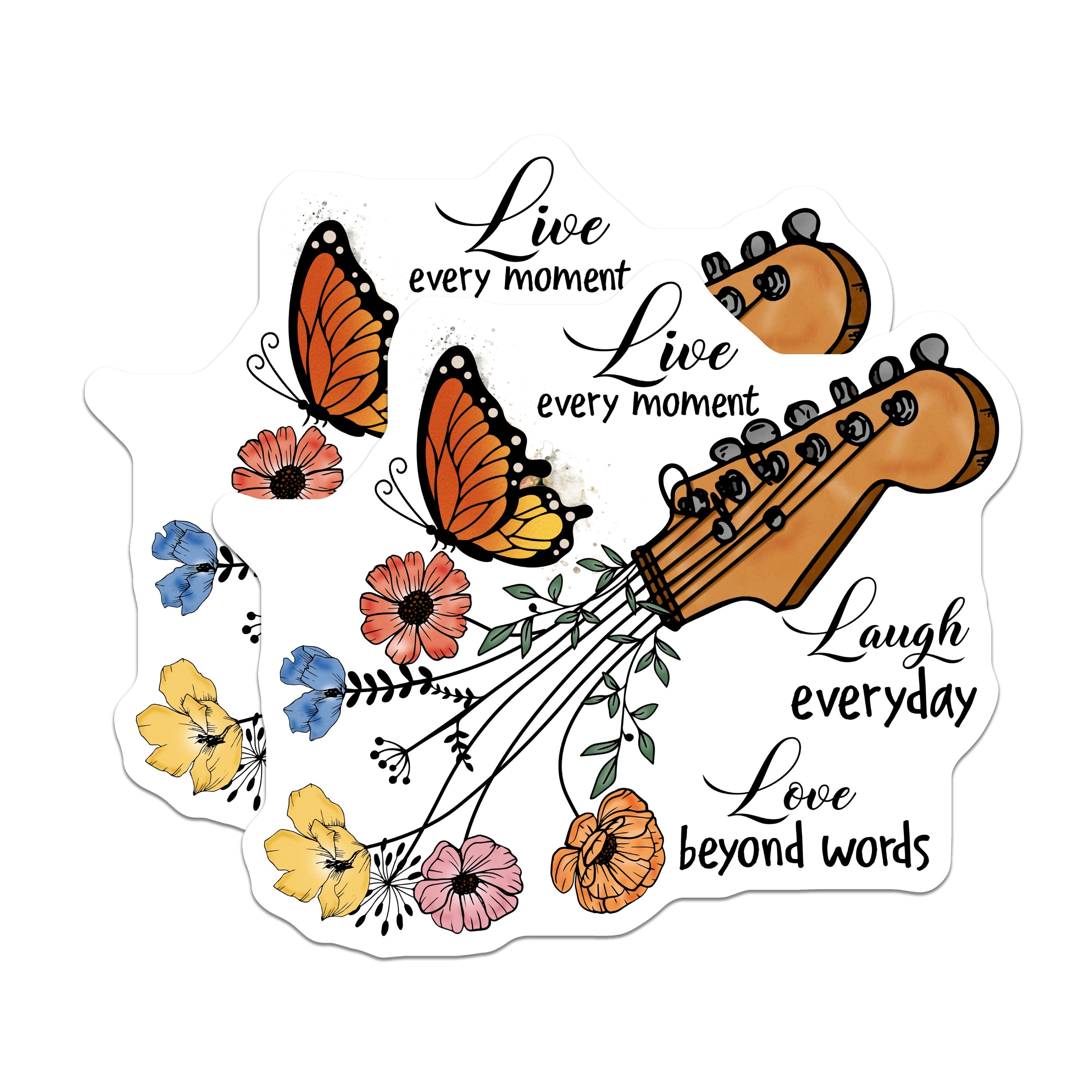 (2 Pack) Live Laugh Love Magnets - Butterfly Guitar Floral Art - Inspirational Music Lover Decor - 5 Inches On Longest Side - Thick Durable Magnet - Made in USA - MAG36127