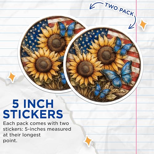 (2 Pack) Sunflower Butterfly Stickers - American Flag Sunflower - Vintage Butterfly Art Stickers - 5" On Longest Side - Sticks to Smooth Flat Surfaces - Made in USA - BMCS9438