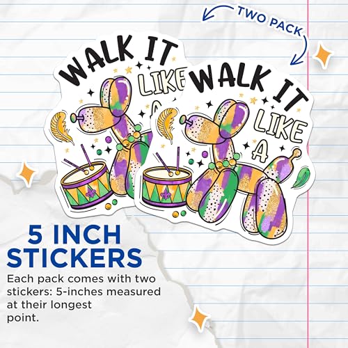 (2 Pack) Walk It Like A Mardi Gras Stickers - Balloon Animal - Colorful Decorative Stickers - 5" On Longest Side - Sticks to Smooth Flat Surfaces - Made in USA - BMCS6382