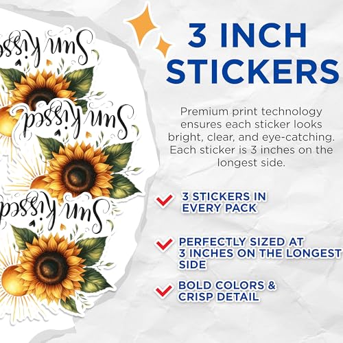 (3 Pack) Sun Kisses Decals - Sunflower Stickers - Laptop Decals - 3 Inches On Longest Side - Easy Peel & Apply - Made in USA - 3MCS1696
