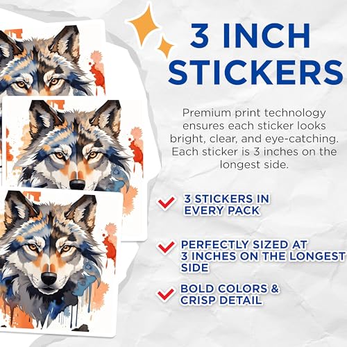 (3 Pack) Watercolor Wolf Decals - Animal Art Stickers - Laptop Decals - 3 Inches On Longest Side - Easy Peel & Apply - Made in USA - 3MCS7474
