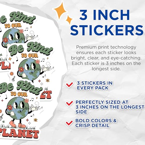 (3 Pack) Be Kind to Our Planet Decals - Earth Mascot - Retro Earth Day - 3 Inches On Longest Side - Easy Peel & Apply - Made in USA - 3MCS7361