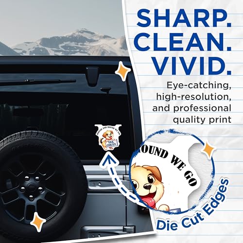 (2 Pack) Round and Round We Go Stickers - Tail Chaser Puppy Stickers - Cute Dog Cartoon Decals - 5" On Longest Side - Sticks to Smooth Flat Surfaces - Made in USA - BMCS3735