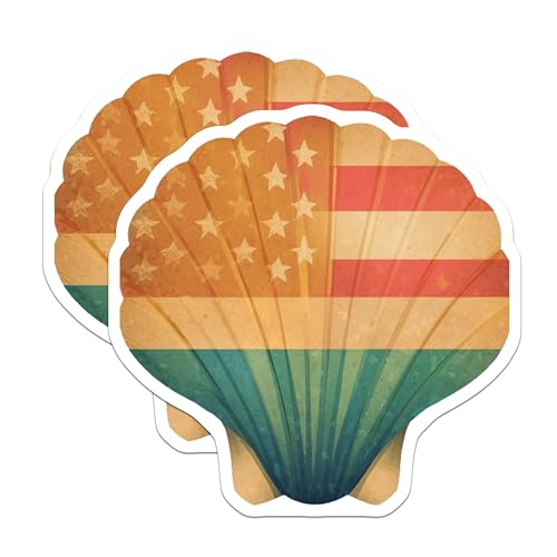 (2 Pack) Shell Stickers - American Flag Design - USA Beach Theme - 5" On Longest Side - Sticks to Smooth Flat Surfaces - Made in USA - BMCS8996 - Patriotic Seashell Decal