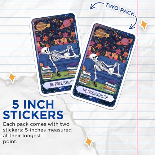 (2 Pack) Skeleton Procrastinator Stickers - Funny Skeleton Humor - Lazy Skeleton Sticker - 5" On Longest Side - Sticks to Smooth Flat Surfaces - Made in USA - BMCS9982