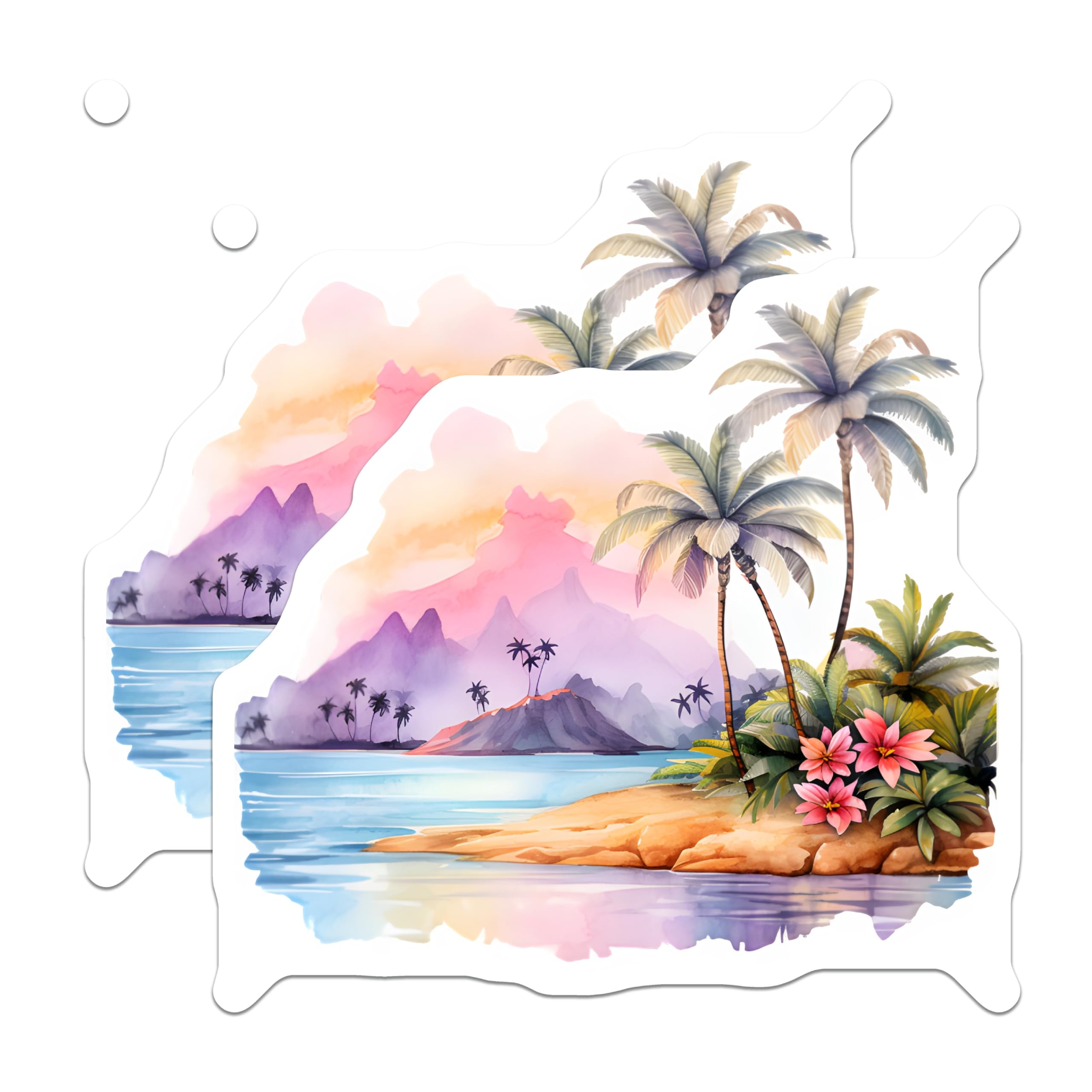 (2 Pack) Tropical Island Magnets - Watercolor Beach Scene - Paradise Decor Vibe - 5 Inches On Longest Side - Thick Durable Magnet - Made in USA - MAG19563