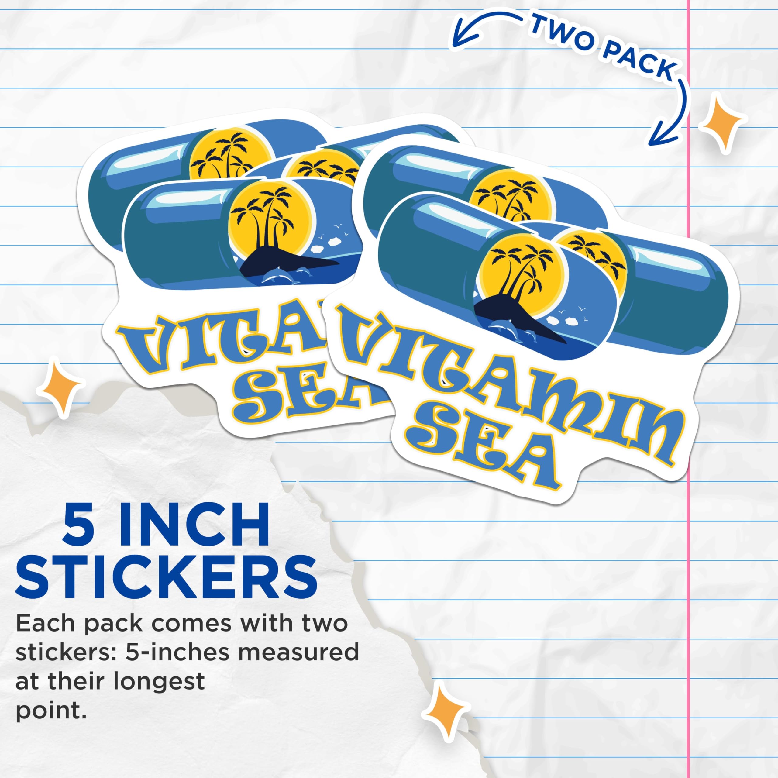 (2 Pack) Vitamin Sea Stickers - Beach Life Stickers - Tropical Island Stickers - 5" On Longest Side - Sticks to Smooth Flat Surfaces - Made in USA - BMCS4720