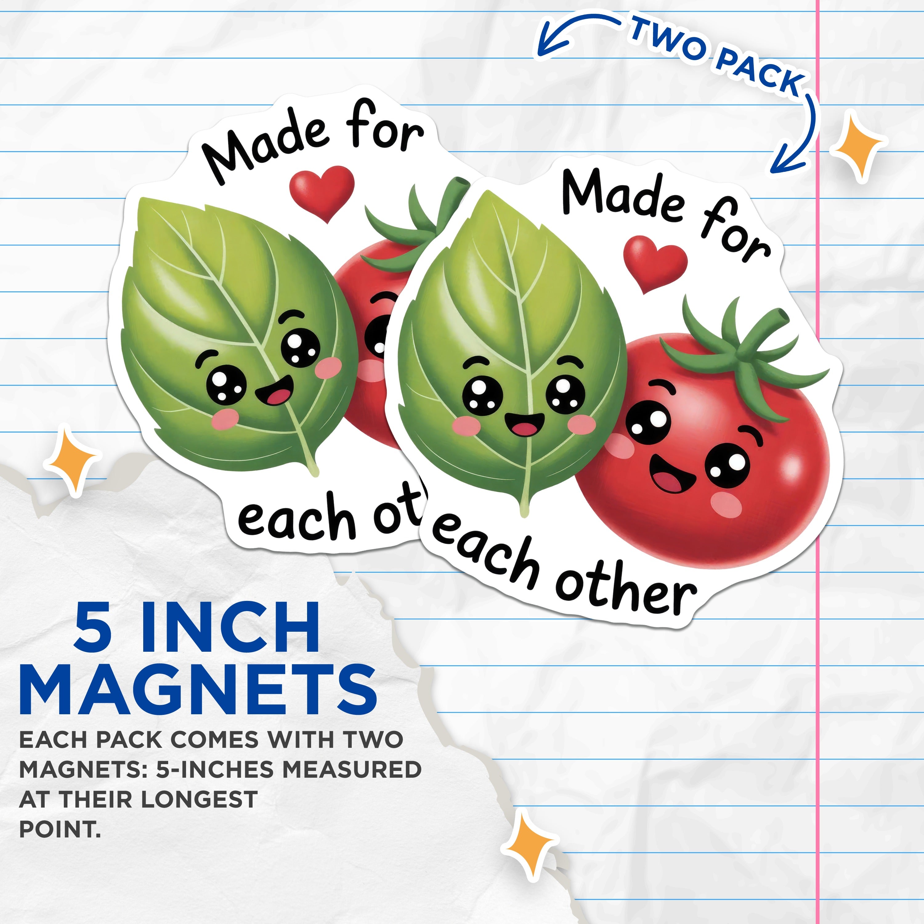 (2 Pack) Kawaii Basil Tomato Magnets - Made for Each Other Foodie Magnet - Cute Kitchen Decor Couple Gift - 5 Inches On Longest Side - Thick Durable Magnet - Made in USA - MAG37421