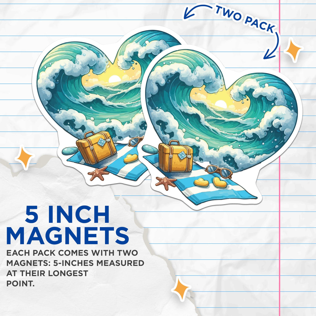 (2 Pack) Heart Ocean Wave Magnets - Tropical Beach Scene Decor - Summer Vacation Souvenir - Coastal Refrigerator Art - 5 Inches On Longest Side - Thick Durable Magnet - Made in USA - MAG19900