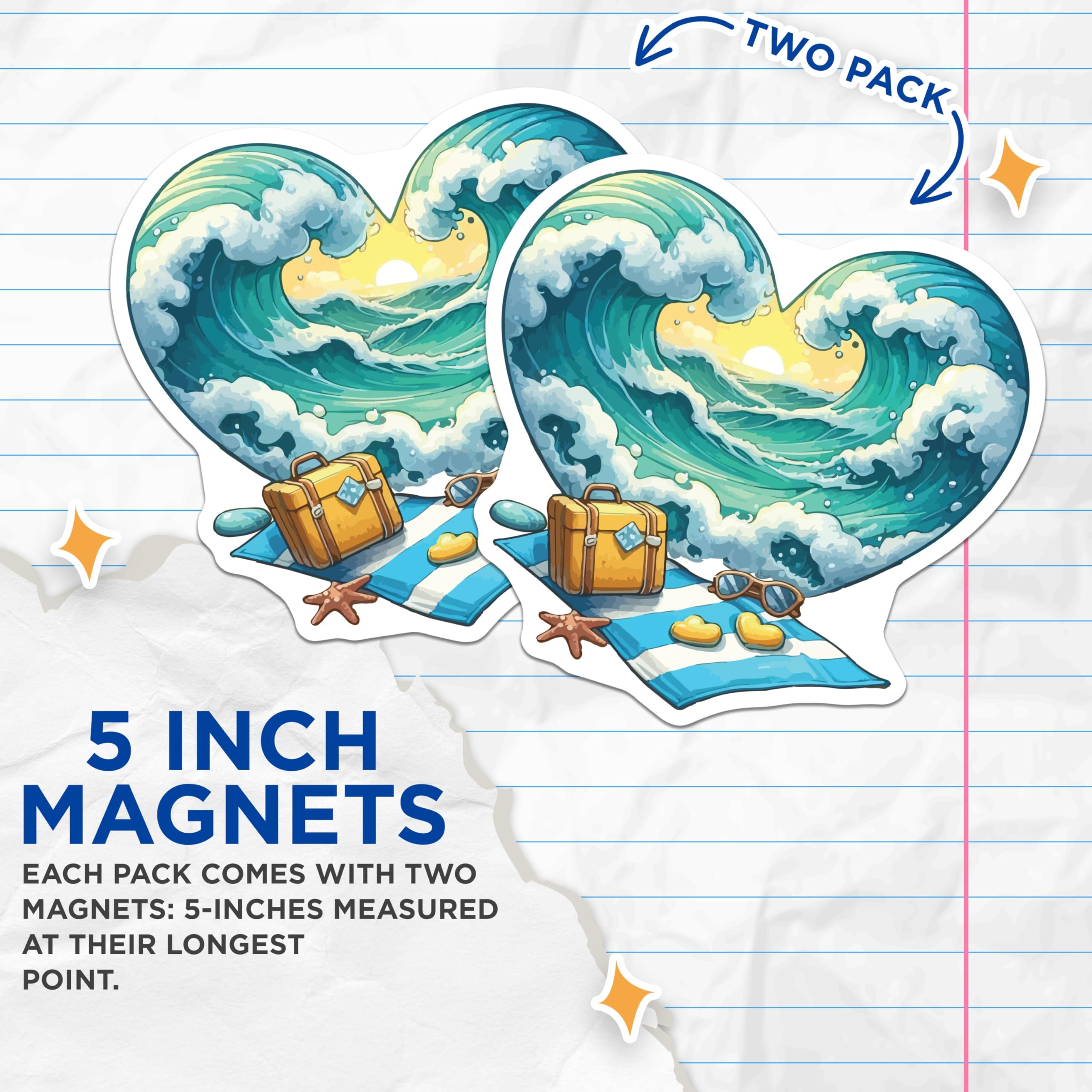 (2 Pack) Heart Ocean Wave Magnets - Tropical Beach Scene Decor - Summer Vacation Souvenir - Coastal Refrigerator Art - 5 Inches On Longest Side - Thick Durable Magnet - Made in USA - MAG19900