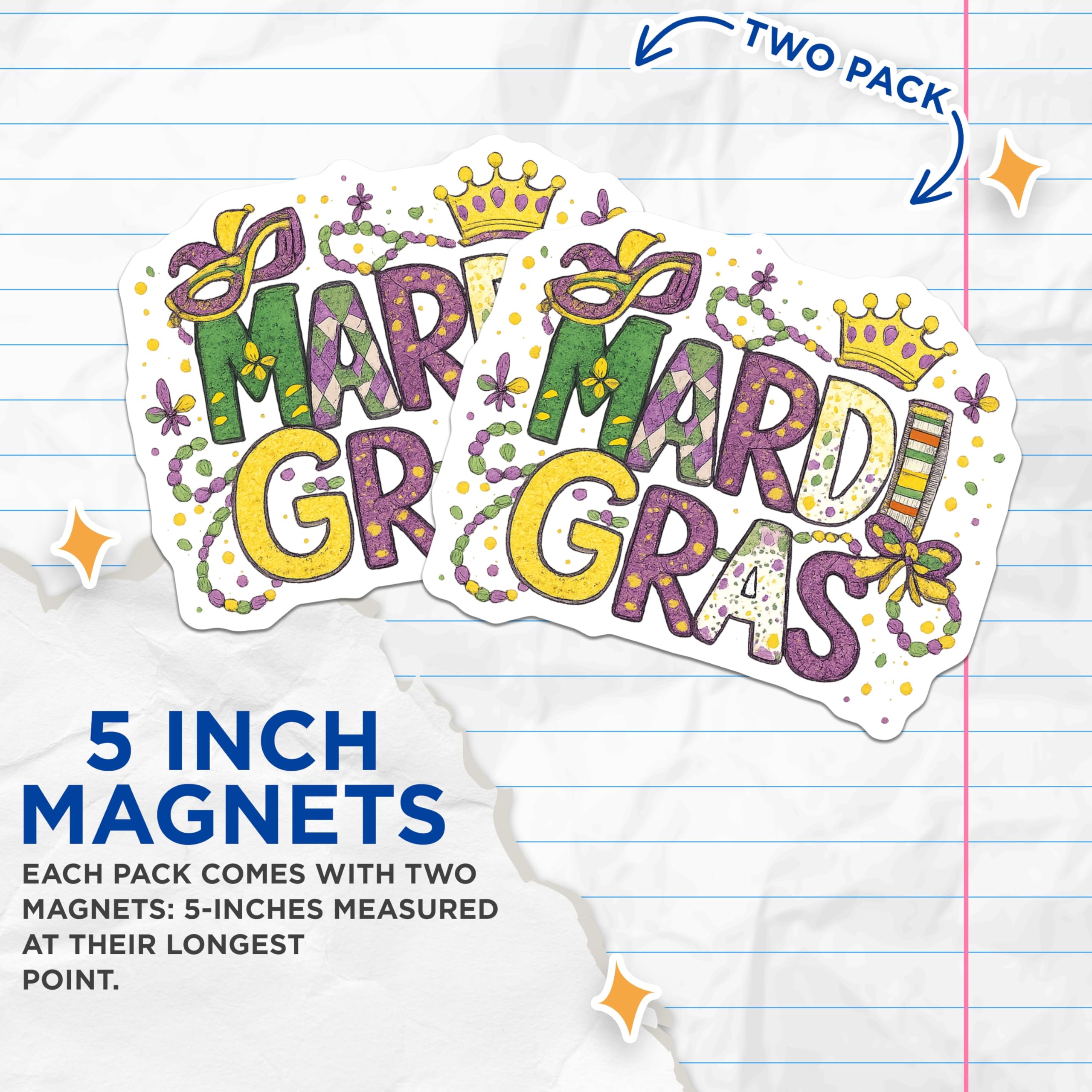 (2 Pack) Mardi Gras Magnets - Party Decor - Fridge Decoration - 5" On Longest Side - Premium Magnet - for Cars, Refrigerators, Toolboxes, Lockers - Made in USA - MAG16533