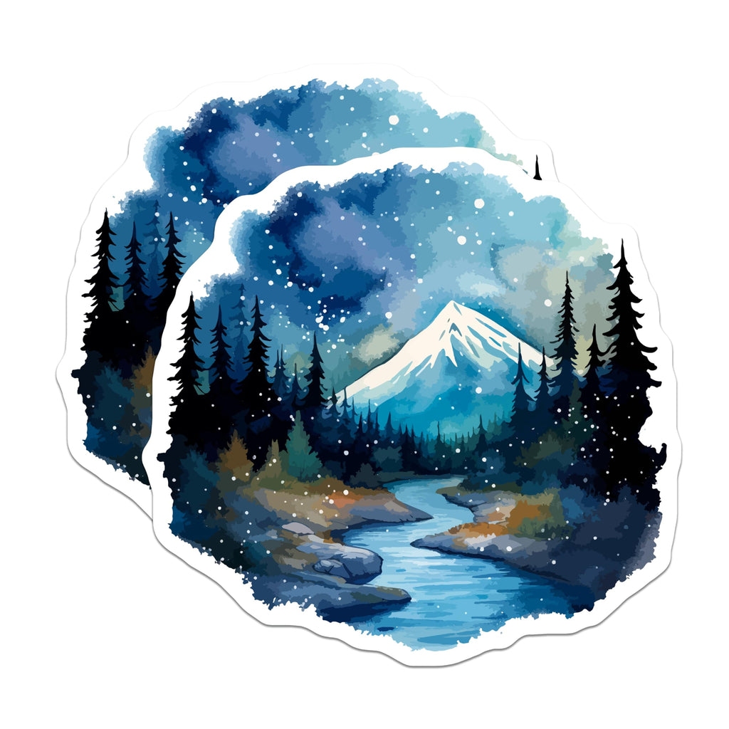(2 Pack) Snowy Mountain Magnets - Winter Landscape Decor - Pine Forest River Scene - 5 Inches On Longest Side - Thick Durable Magnet - Made in USA - MAG19621